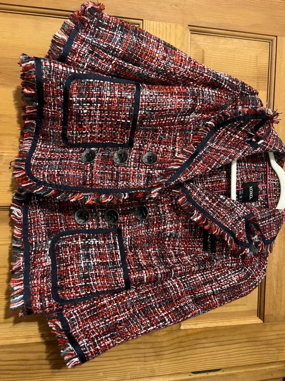 XOXO Red, Navy and White Tweed Fringe Double-Breasted Jacket